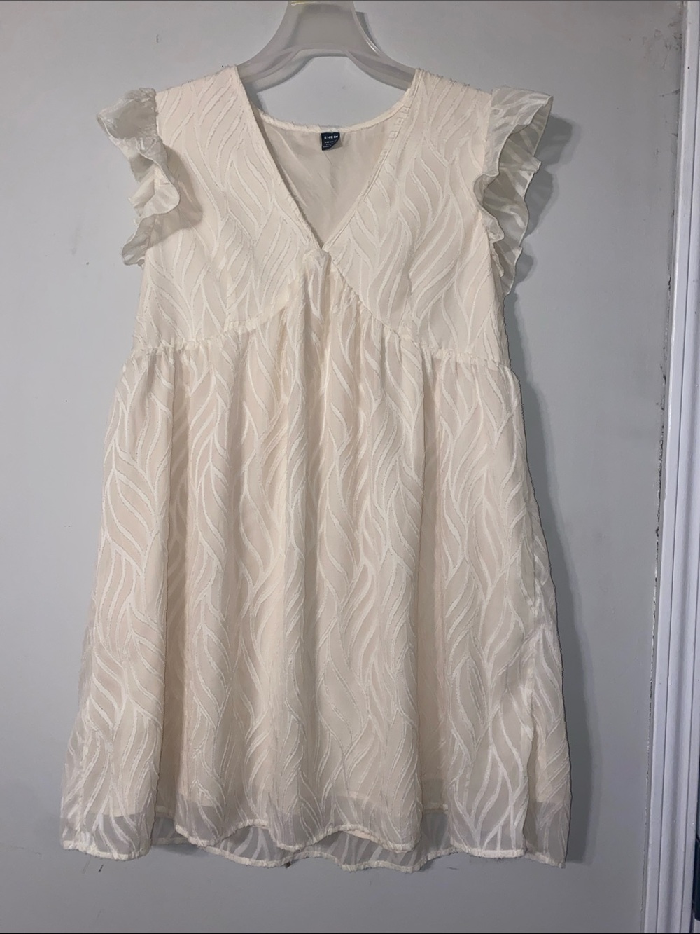 SHEIN Cream V-Neck Ruffle Sleeve Mini Dress
